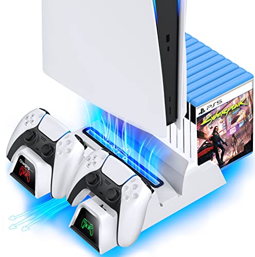 OIVO Soporte PS5 con Ventilador y Estación de Carga Mando PS5 para Consola Playstation 5, Soporte Vertical PS5 con Refrigerador PS5, Base Cargador PS5 con Soporte para 12 Juegos
