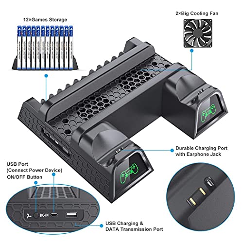 OIVO Soporte Vertical con Ventilador de Refrigeración para PS4/PS4 Pro/PS4 Slim, Estación de Carga del Mando ps4 con Indicadores LED y Almacenamiento para 12 Juegos