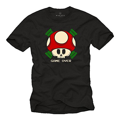 Old School Gamer T-Shirt - Game Over - Camiseta Friki Manga Corta - Super Heroes Level Up Mario Negro XL