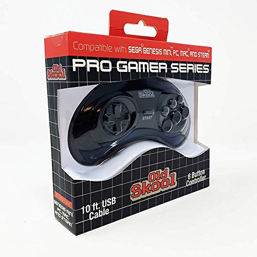 Old Skool - Controlador USB de 6 botones compatible con Sega Genesis Mini, PS3, PC, Mac, Steam, Nintendo Switch - Puerto USB (negro)
