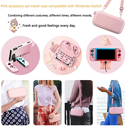 OLDZHU Kit de accesorios 10 en 1 Kawaii regalo Rosa de viaje para Nintendo Switch,con Funda de Cubierta protectora dura,Protector de Pantalla,Soporte ajustable ultrafino,Tapas de agarre para el pulgar