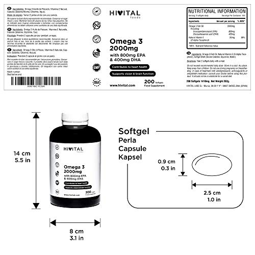 Omega 3 2000 mg | 200 cápsulas para más de 3 meses | Con 800 mg EPA, 400 mg DHA y Vitamina E Natural | El único con Aceite de Pescado Español que contribuye a la salud cardíaca, cerebral y ocular