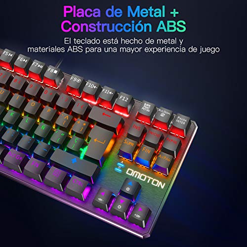 OMOTON Teclado Mecánico,Mini Gaming Teclado RGB-LED, Macro Personalizada-Pequeño Gaming Teclado Español con Azul Interruptor para PS5/PS4/PC/Windows-88 Teclas Anti-ghosting sin Teclado numérico