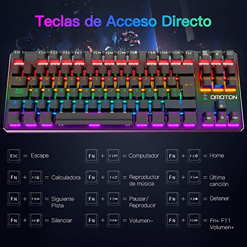 OMOTON Teclado Mecánico,Mini Gaming Teclado RGB-LED, Macro Personalizada-Pequeño Gaming Teclado Español con Azul Interruptor para PS5/PS4/PC/Windows-88 Teclas Anti-ghosting sin Teclado numérico