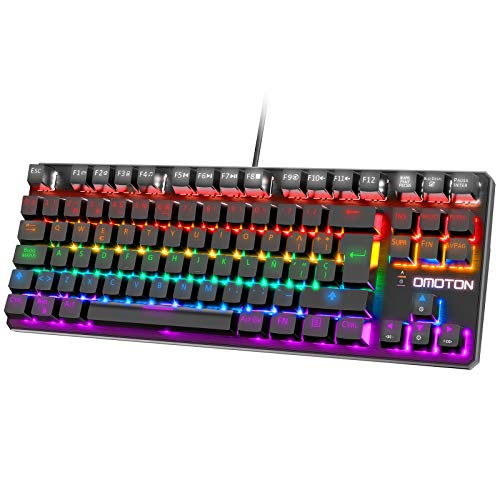 OMOTON Teclado Mecánico,Mini Gaming Teclado RGB-LED, Macro Personalizada-Pequeño Gaming Teclado Español con Azul Interruptor para PS5/PS4/PC/Windows-88 Teclas Anti-ghosting sin Teclado numérico