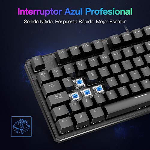 OMOTON Teclado Mecánico,Mini Gaming Teclado RGB-LED, Macro Personalizada-Pequeño Gaming Teclado Español con Azul Interruptor para PS5/PS4/PC/Windows-88 Teclas Anti-ghosting sin Teclado numérico