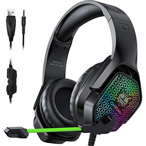 ONIKUMA X3 Auriculares Gaming PS4,Cascos Gaming de Mac Estéreo con Micrófono Cascos Gaming 3.5mm Jack con Luz LED Bass Surround y Cancelación de Ruido Auriculares Compatible con PC/Xbox One/Switch