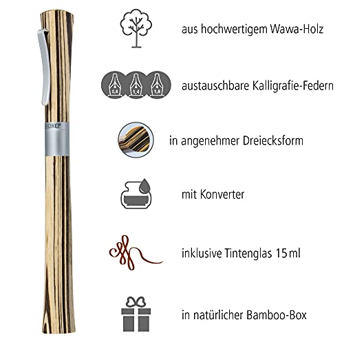 Online 37712 - Juego de plumas estilográficas (1,4 mm, agarres 0,8 y 1,8 mm, frasco de tinta marrón y convertidor, caja de bambú)