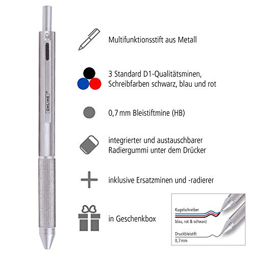 Online Multipen 4 en 1 plateado | Bolígrafo y lápiz multifunción de metal | 3 recambios de bolígrafo en azul, negro y rojo + 1 mina portaminas | Incluye goma de borrar en caja de regalo