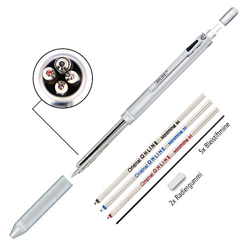 Online Multipen 4 en 1 plateado | Bolígrafo y lápiz multifunción de metal | 3 recambios de bolígrafo en azul, negro y rojo + 1 mina portaminas | Incluye goma de borrar en caja de regalo