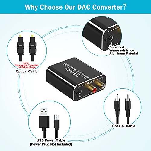 Óptico a RCA, Ohrweh 192KHz Convertidor Digital a Analógico, Óptico Coaxial (RCA) Toslink SPDIF a Audio Estéreo RCA L/R y Jack 3.5mm con Cable Óptico y Cable USB DC/5V para PS3, PS4, Xbox, HDTV, DVD