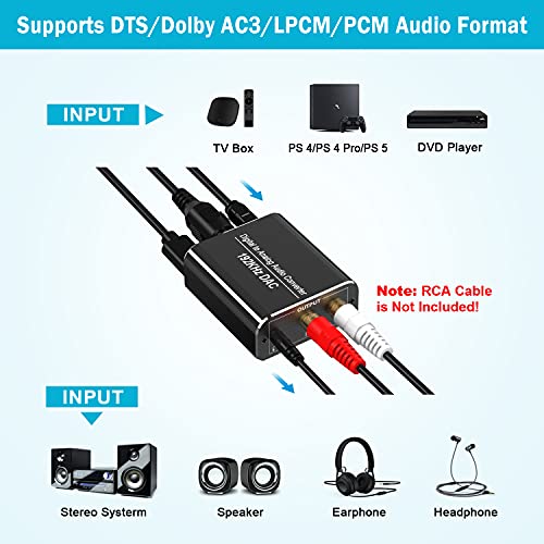 Óptico a RCA, Ohrweh 192KHz Convertidor Digital a Analógico, Óptico Coaxial (RCA) Toslink SPDIF a Audio Estéreo RCA L/R y Jack 3.5mm con Cable Óptico y Cable USB DC/5V para PS3, PS4, Xbox, HDTV, DVD