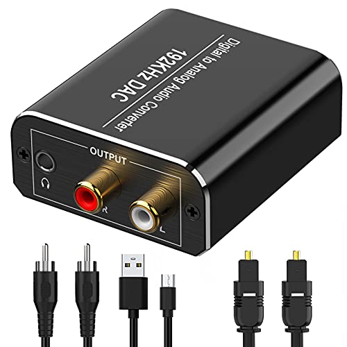 Óptico a RCA, Ohrweh 192KHz Convertidor Digital a Analógico, Óptico Coaxial (RCA) Toslink SPDIF a Audio Estéreo RCA L/R y Jack 3.5mm con Cable Óptico y Cable USB DC/5V para PS3, PS4, Xbox, HDTV, DVD