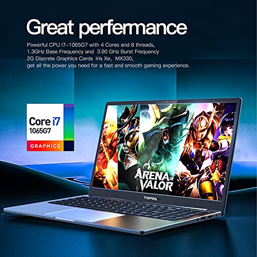 Ordenador portátil para juegos TOPOSH, 16GB de RAM, SSD de 512 GB, 10ª generación I7 1065G7 de 3,9 GHz,tarjetas gráficas discretas de 2 G, con teclado retroiluminado US QWERTY Fingerprints Unlock-Gray