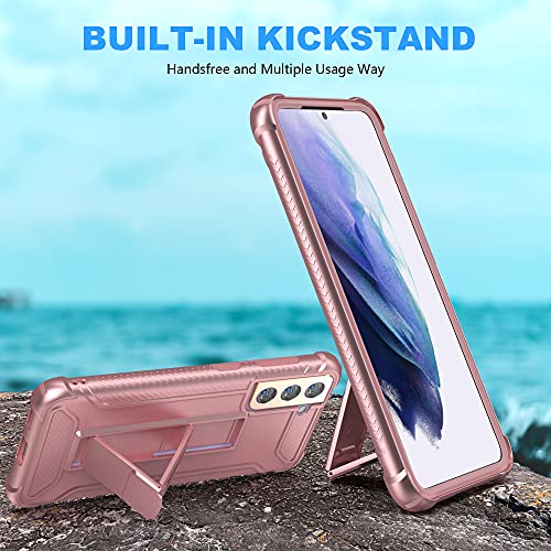 ORETECH Funda para Samsung Galaxy S21,con [2x Protector de Pantalla][Built-in Soporte]360 Grados Antigolpes Anti-Rasguño y Resistente Carcasa Suave TPU Silicona Hard PC Caso para Samsung S21-Oro rosa