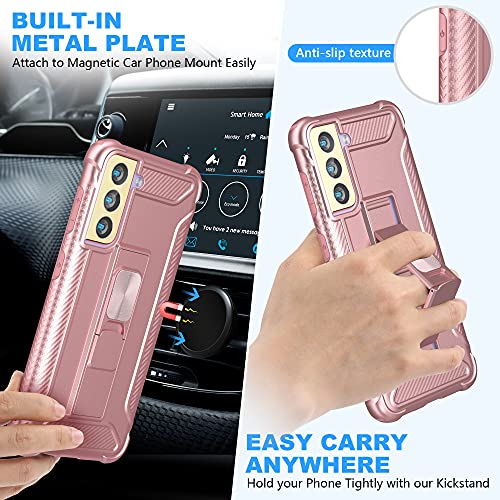 ORETECH Funda para Samsung Galaxy S21,con [2x Protector de Pantalla][Built-in Soporte]360 Grados Antigolpes Anti-Rasguño y Resistente Carcasa Suave TPU Silicona Hard PC Caso para Samsung S21-Oro rosa