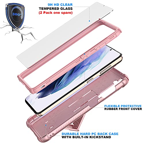 ORETECH Funda para Samsung Galaxy S21,con [2x Protector de Pantalla][Built-in Soporte]360 Grados Antigolpes Anti-Rasguño y Resistente Carcasa Suave TPU Silicona Hard PC Caso para Samsung S21-Oro rosa