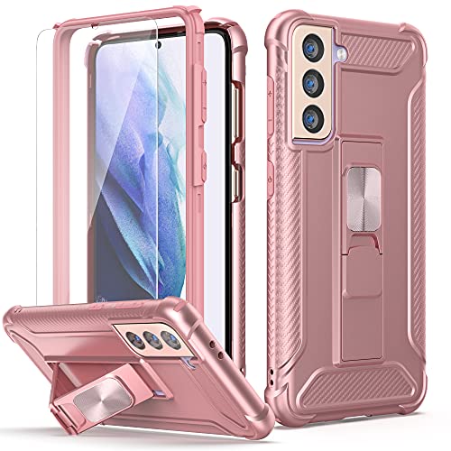 ORETECH Funda para Samsung Galaxy S21,con [2x Protector de Pantalla][Built-in Soporte]360 Grados Antigolpes Anti-Rasguño y Resistente Carcasa Suave TPU Silicona Hard PC Caso para Samsung S21-Oro rosa