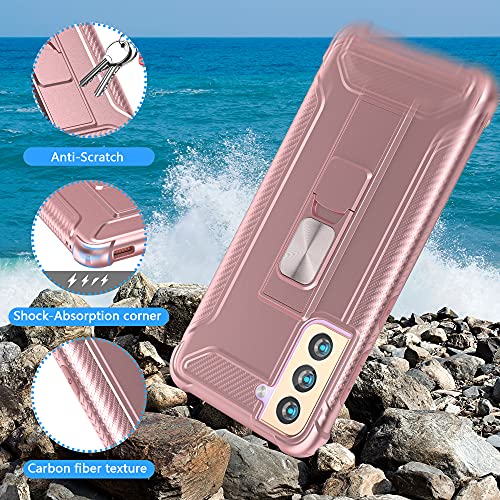 ORETECH Funda para Samsung Galaxy S21,con [2x Protector de Pantalla][Built-in Soporte]360 Grados Antigolpes Anti-Rasguño y Resistente Carcasa Suave TPU Silicona Hard PC Caso para Samsung S21-Oro rosa