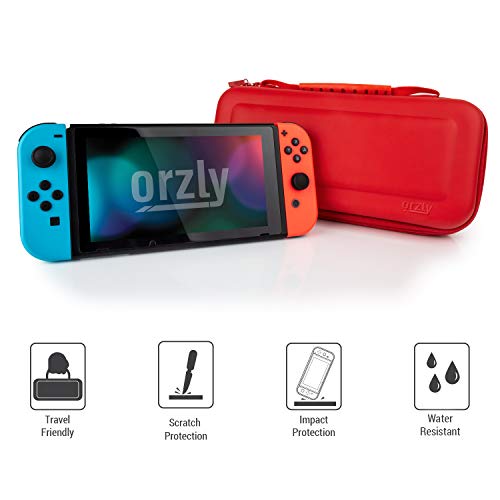 Orzly Estuche de Transporte Compatible con Nintendo Switch y la Nueva Consola OLED Switch - Estuche Protector de Viaje portátil Duro roja con Bolsillos para Accesorios y Juegos