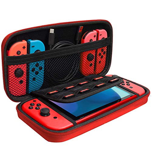 Orzly Estuche de Transporte Compatible con Nintendo Switch y la Nueva Consola OLED Switch - Estuche Protector de Viaje portátil Duro roja con Bolsillos para Accesorios y Juegos