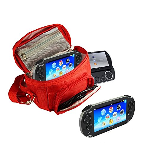 Orzly® - Funda para Sony PSP (GO/VITA/1000/2000/3000) - Funda para Consola, Juegos y Accessarios Bolso Incluye: Correa para el Hombro Ajustable + Llevan la Manija + Fijación a un Cinturón - Rojo
