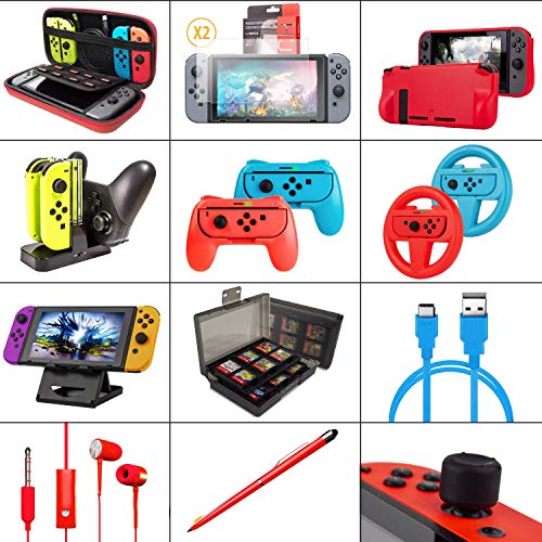 Orzly Kit Accesorios para Nintendo Switch Geek Pack con: Funda y Protector de Pantalla Switch, Empuñaduras & Volante para mandos JoyCon, Una Base de Carga USB y Un Soporte portátil, y más [ColorPop]