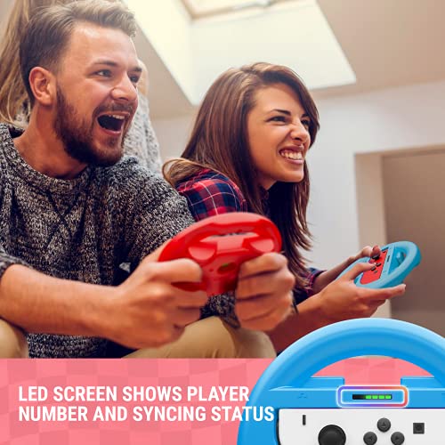 Orzly Pack DE Dos Volantes Usar con los Joy-con Switch – Pack de Volante Rojo Y Azul [con luz indicando Jugador] para Usar con los mandos Joy-con de la Nintendo Switch