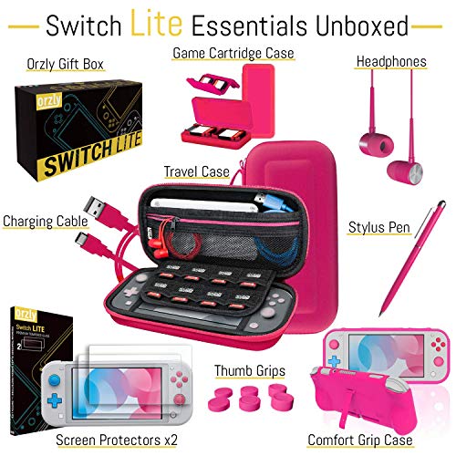 Orzly Paquete de Accesorios para Nintendo Switch Lite – Incluye: Protectores de Pantalla & Funda para Switch Lite Consola, Funda Comfort Grip, Cable USB, Auriculares y más. (Rosa)