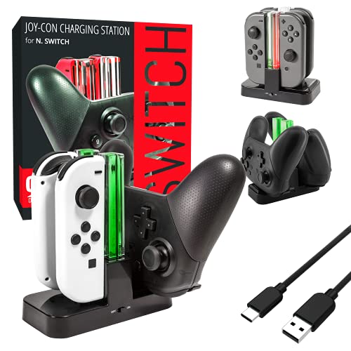Orzly Switch Pro Controller Dock, Multi Estación de Carga [Luces LED Individuales y Cable USB TypeC] - para Cargar hasta Cuatro Joy-Cons de la Nintendo Switch (o 1 Pro Controller y 2 Joy-Cons)