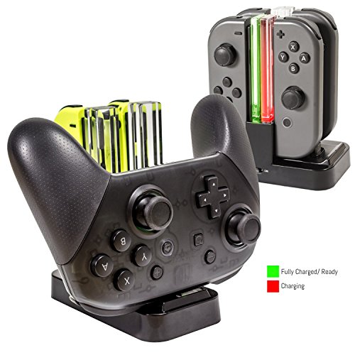 Orzly Switch Pro Controller Dock, Multi Estación de Carga [Luces LED Individuales y Cable USB TypeC] - para Cargar hasta Cuatro Joy-Cons de la Nintendo Switch (o 1 Pro Controller y 2 Joy-Cons)