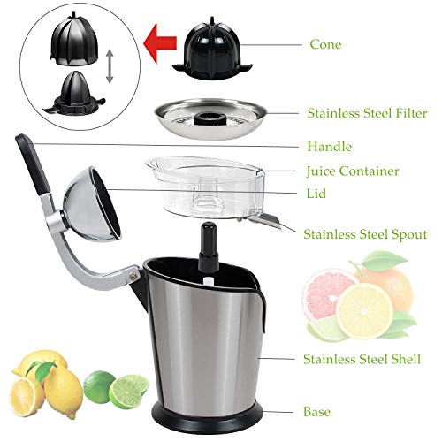 OZAVO Exprimidor Eléctrico para Frutas/Zumos de 100W, Filtro de Acero Inoxidable con Brazo de Palanca para Citricos/Naranjas,Sistema Anti Goteo, Piezas Desmontables se Puede para Lavavajillas