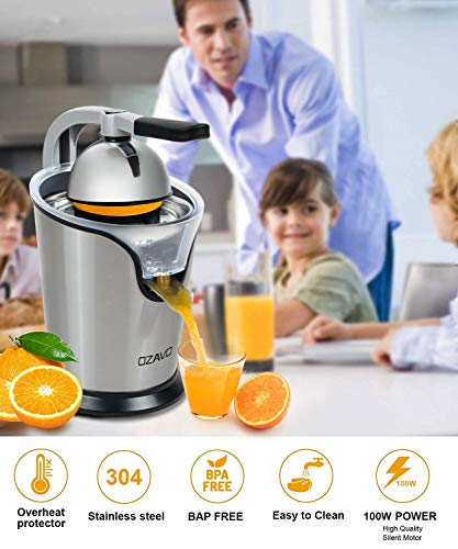 OZAVO Exprimidor Eléctrico para Frutas/Zumos de 100W, Filtro de Acero Inoxidable con Brazo de Palanca para Citricos/Naranjas,Sistema Anti Goteo, Piezas Desmontables se Puede para Lavavajillas