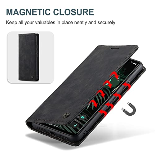 PaceBid Cuero Funda Compatible con Google Pixel 6 Pro, Ranuras para Tarjetas, Soporte Plegable, Vintage Cierre Magnético Capa Plegable Cartera, Tapa Carcasa para Google Pixel 6 Pro -Negro