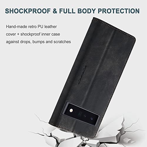 PaceBid Cuero Funda Compatible con Google Pixel 6 Pro, Ranuras para Tarjetas, Soporte Plegable, Vintage Cierre Magnético Capa Plegable Cartera, Tapa Carcasa para Google Pixel 6 Pro -Negro