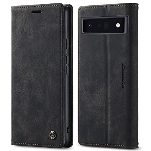 PaceBid Cuero Funda Compatible con Google Pixel 6 Pro, Ranuras para Tarjetas, Soporte Plegable, Vintage Cierre Magnético Capa Plegable Cartera, Tapa Carcasa para Google Pixel 6 Pro -Negro