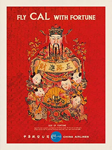 Pacifica Island Art Vuele Cal con Fortune - Tsai Shen Yeh, Dios de la Riqueza - China Airlines - Póster Viaje Línea aérea - Impresión de Arte de Lienzo ORGÁNICO Crudo 61x81cm