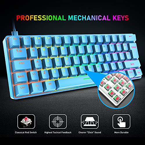 Pack Teclado y Raton mecánico Retroiluminado 60% compacto con 62 teclas con cable USB C teclado para juegos + 6400 DPI Mouse + alfombrilla de ratón, compatible con PS4,PC - interruptor rojo/azul