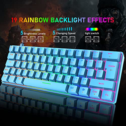 Pack Teclado y Raton mecánico Retroiluminado 60% compacto con 62 teclas con cable USB C teclado para juegos + 6400 DPI Mouse + alfombrilla de ratón, compatible con PS4,PC - interruptor rojo/azul