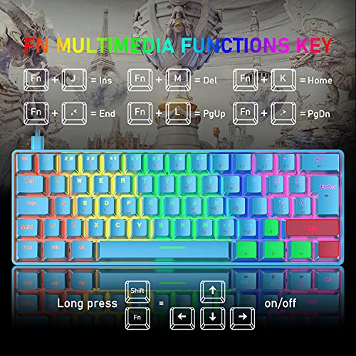 Pack Teclado y Raton mecánico Retroiluminado 60% compacto con 62 teclas con cable USB C teclado para juegos + 6400 DPI Mouse + alfombrilla de ratón, compatible con PS4,PC - interruptor rojo/azul