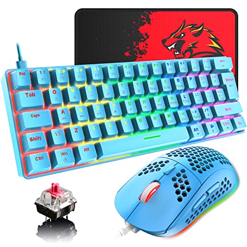 Pack Teclado y Raton mecánico Retroiluminado 60% compacto con 62 teclas con cable USB C teclado para juegos + 6400 DPI Mouse + alfombrilla de ratón, compatible con PS4,PC - interruptor rojo/azul