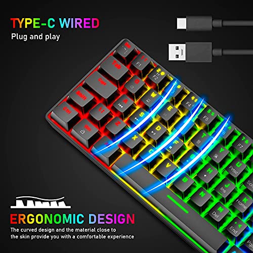 Pack Teclado y Raton mecánico Retroiluminado 60% compacto con 62 teclas con cable USB C teclado para juegos + 6400 DPI Mouse + alfombrilla de ratón, compatible con PS4,PC - interruptor azul/negro