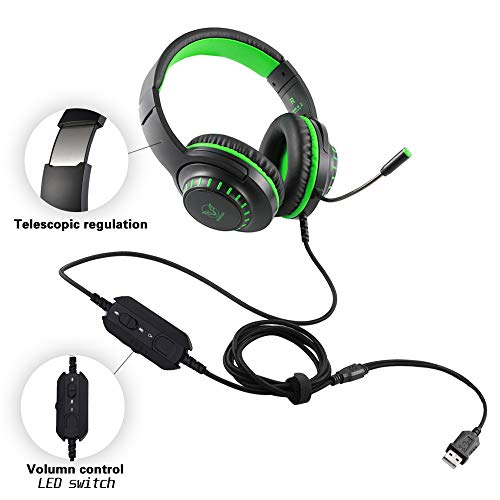 Pacrate 7.1 Auriculares Gaming PC Mac Cascos Gaming de Estéreo con Micrófono Bass Surround y Cancelación de Ruido Auriculares Compatible para Nintendo Switch USB Gaming Headset con Luz LED