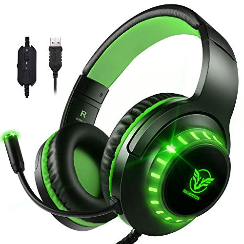 Pacrate 7.1 Auriculares Gaming PC Mac Cascos Gaming de Estéreo con Micrófono Bass Surround y Cancelación de Ruido Auriculares Compatible para Nintendo Switch USB Gaming Headset con Luz LED