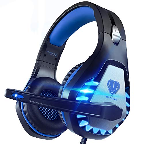 Pacrate Auriculares Gaming para Xbox One PS4 PC Nintendo Switch Mac, Auriculares con Microfono con Sonido Envolvente y Cancelación de Ruido, Cascos Gaming con 3.5mm Jack con Luz LED (Negro Azul)