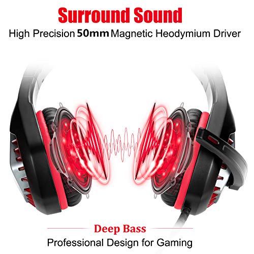 Pacrate PC Auriculares Gaming con Microfono para PS4 Xbox One, Switch, Mac, Cascos Gaming con Bass Surround y Cancelacion Ruido con Luz LED, Micrófono y Almohadillas Ajustables con 3.5mm Jack