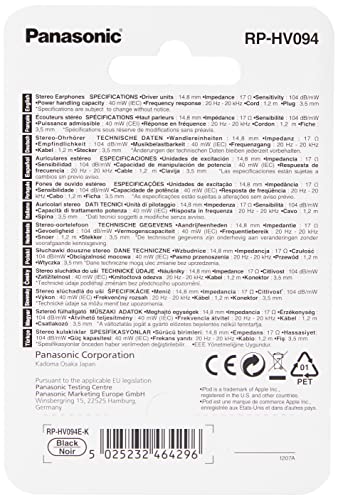 Panasonic RP-HV094, Auriculares Botón con Cable In-Ear (Headphone Sonido Estéreo para Móvil, MP3/MP4, Diseño de Ajuste Cómodo, Mini Jack 3.5mm), Con Cable, Negro