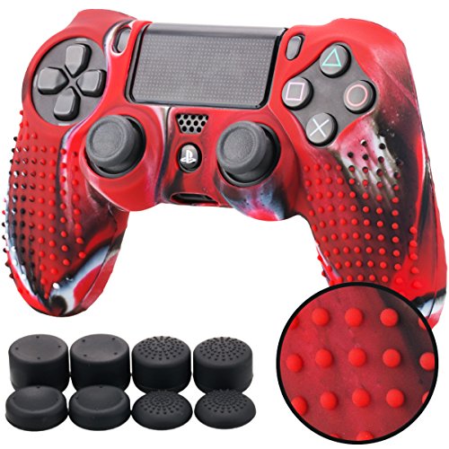 Pandaren® TACHONADO de Silicona Fundas Protectores de Piel Antideslizante para el PS4 Mando x 1 (Camuflaje Rojo) + FPS PRO Thumb Grip Pulgar Agarre x 8