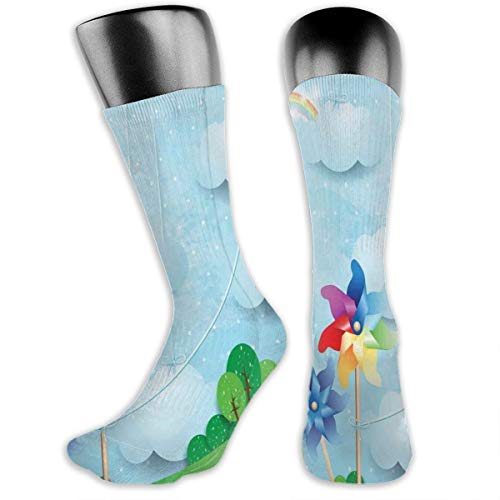 Papalikz Compression Medium Calf Socks,Surreal View With Hanging Cloud Sky Rainbow Idyllic Meadow Fantasy World Landscape