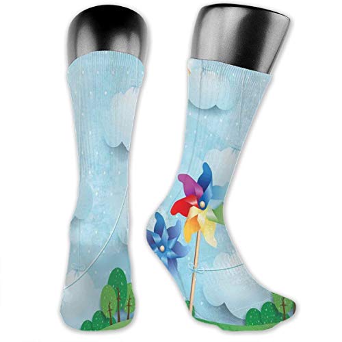 Papalikz Compression Medium Calf Socks,Surreal View With Hanging Cloud Sky Rainbow Idyllic Meadow Fantasy World Landscape